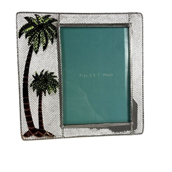 Metal Shiny Tropical Palm Tree Photo Frame 5x7 Silver Green Vacation Memories - Picture 1 of 5